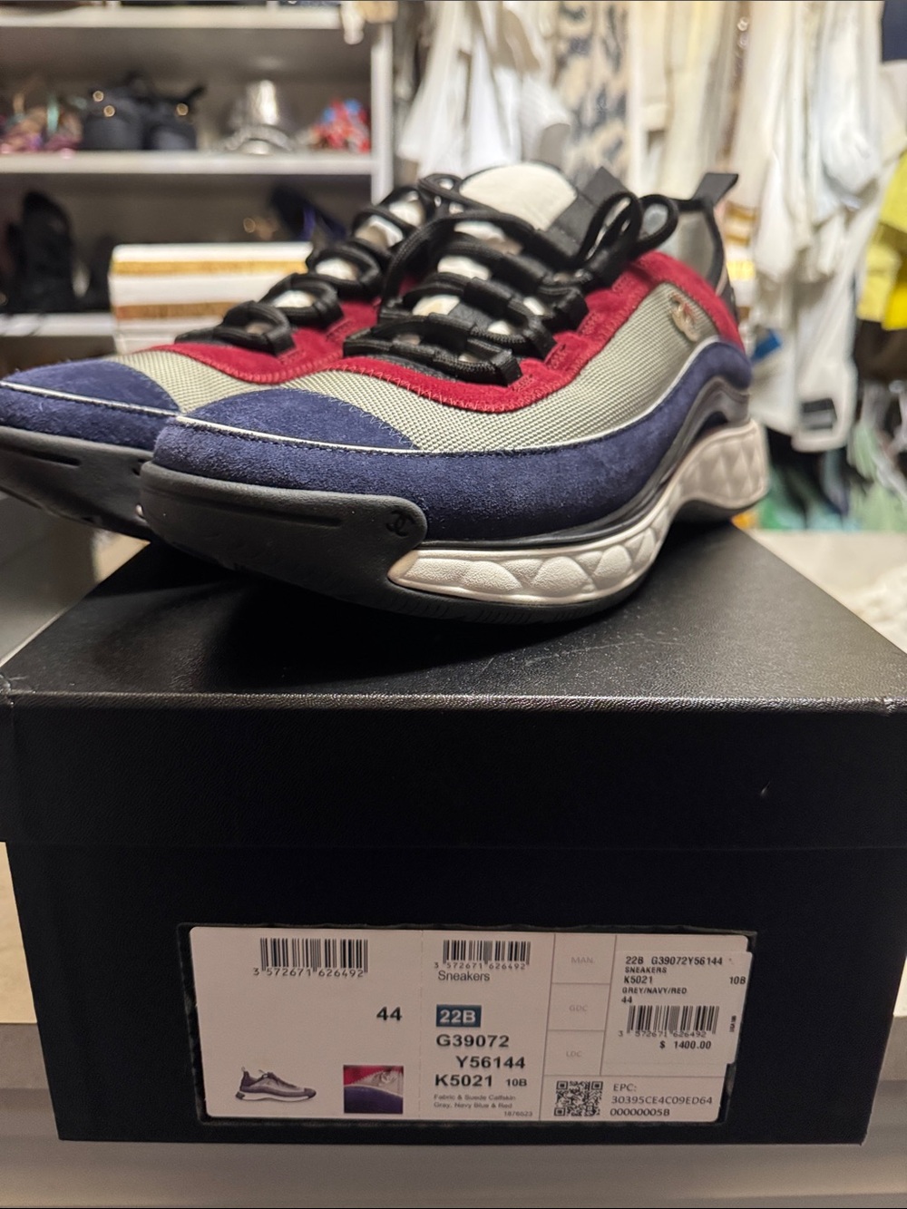 CHANEL Men's Sneakers in Navy, Red, and Gray